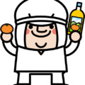 愛媛のイメージでみかんジュース工場長がオレンジジュースとミカンを持っている