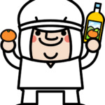 愛媛のイメージでみかんジュース工場長がオレンジジュースとミカンを持っている